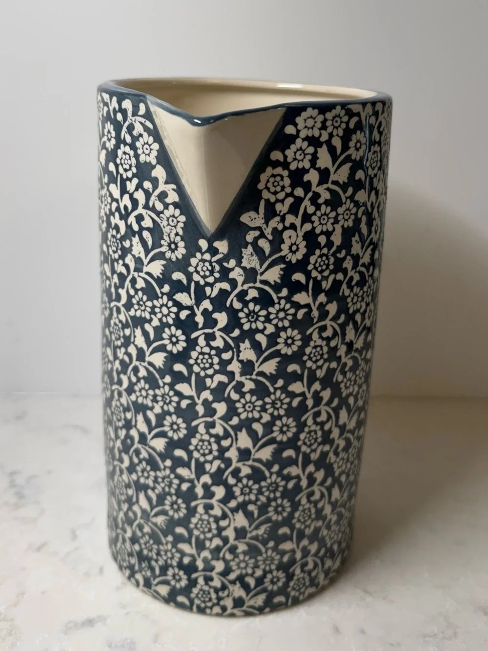 Anthropologie Navy and Cream Floral Ceramic Tana Floral Pitcher